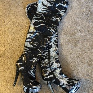 Crazy Black and Silver Sequin ThighHigh Boots